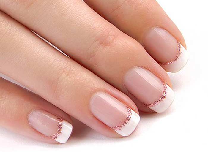 Pink white french manicure with glitter line design